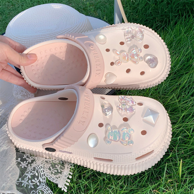 Eva Internet Celebrity Sweet and Creative Bear Heart Rhinestone Hole Shoes for Women Summer Outdoor Vacation Beach Shoes