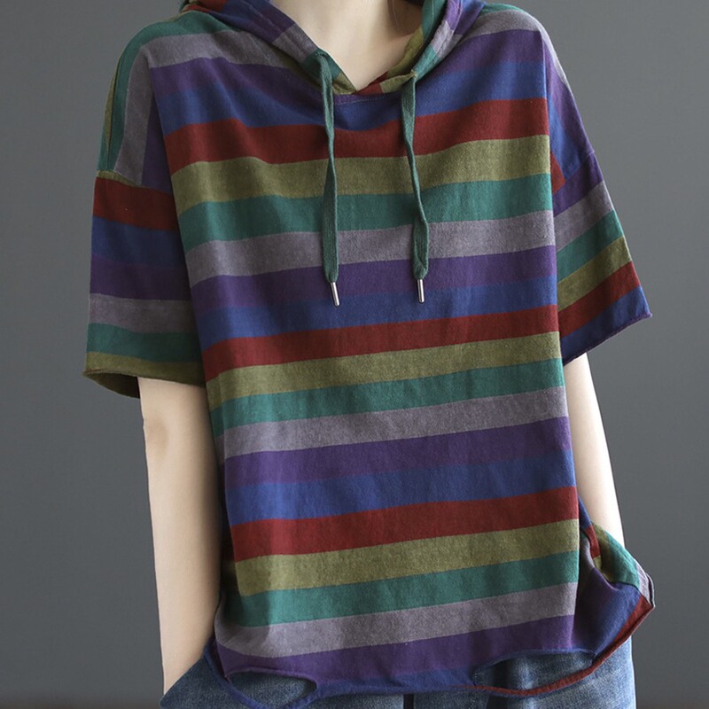 Literary Retro Stripesd Short-Sleeved T-Shirt for Women 2024 Summer New Loose Mom Slimming Look Age-Reducing Hooded Sweatshirt for Women
