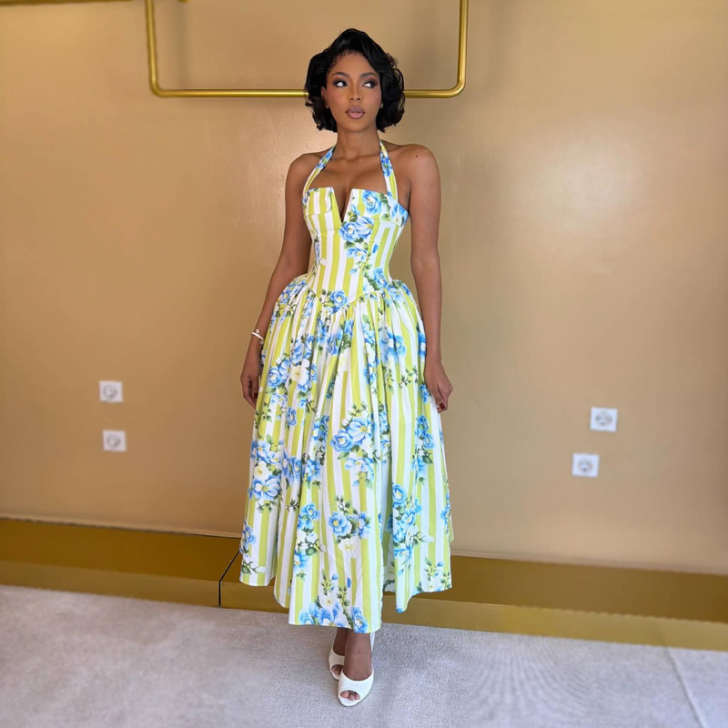 European and American Cross-Border Women's Fashion 2026 New African Style Sweet Printed Flared Mid-Length Dress with Halter Neck and Tie Waist European and American Cross-Border Women's Fashion 2026 New African Style Sweet Printed Flared Mid-Length Dress with Halter Neck and Tie Waist