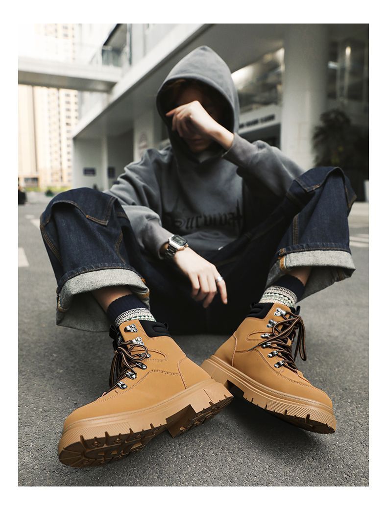 ShoeGlobe Men's Martin 2025 Autumn Winter New High-top American Retro Work Outdoor Waterproof Wear-resistant Hiking Boots Cotton_voghion.com