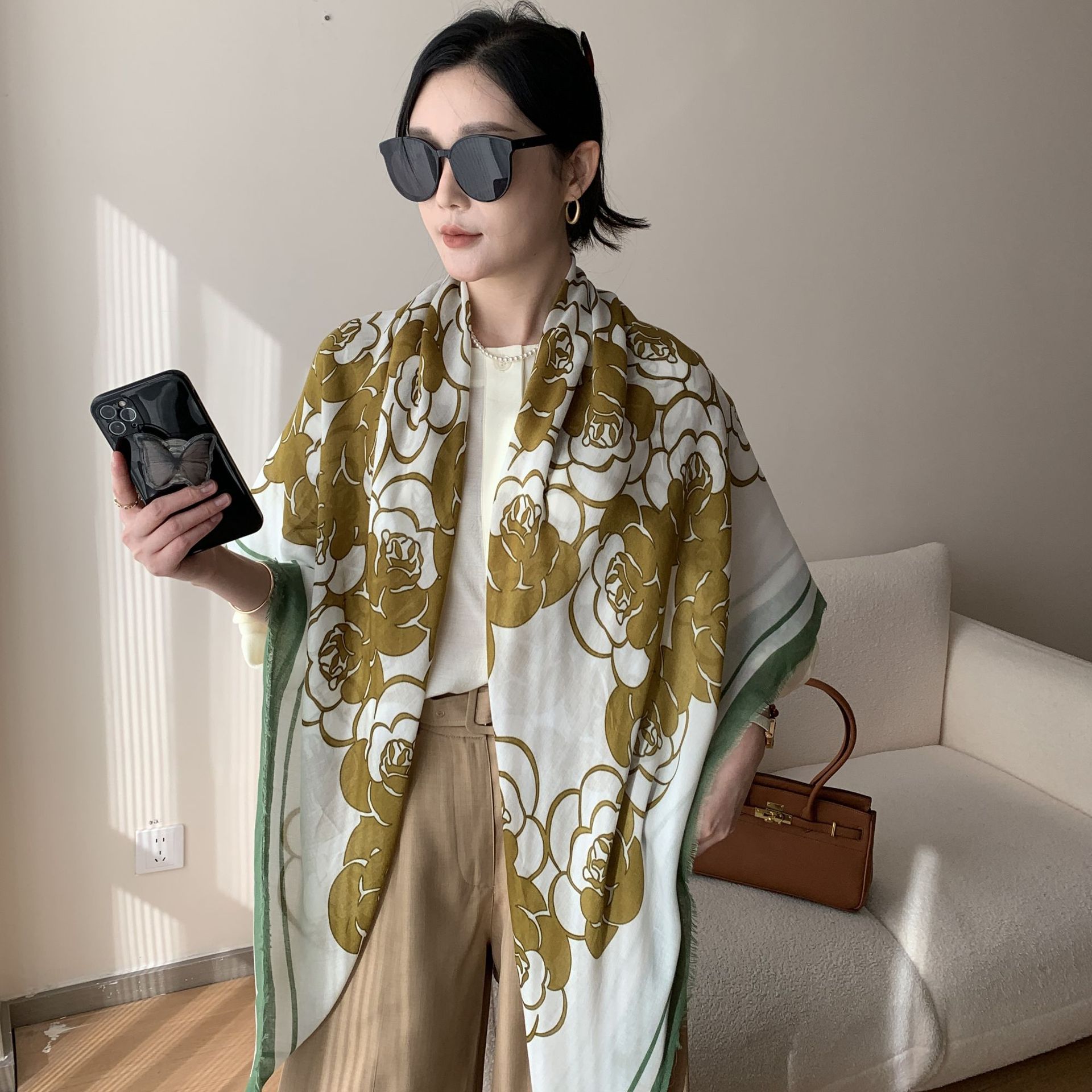 2024 estilo coreano camellia moda versátil alienígena chal algodón lino sensación 130 bufandas cuadradas bufandas de seda delgadas