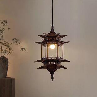 新中式古建筑复古吊灯宋代美学灯古风古建筑六角凉亭茶室禅意吊灯-阿里巴巴