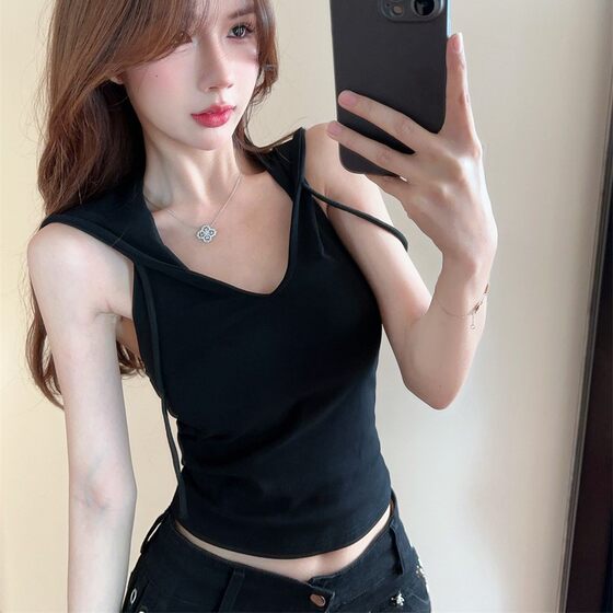 Pure Spice Girl American-style Hooded Camisole Women's Summer New Style Sleeveless Trendy Top with Chest Pad Outer Wear