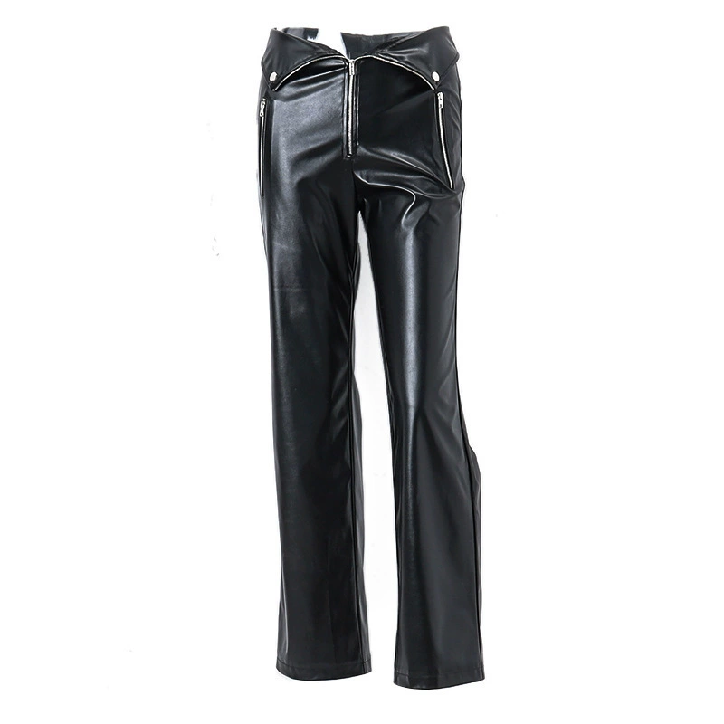 Ретро-черные цветные кожзамет trousers с молнией, американский стиль, высокий пояс, свободный прямой силуэт