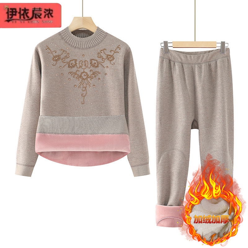 Middle-aged and elderly women's clothing fleece-lined thermal underwear suit 60-year-old grandma half turtleneck thickened warm clothes autumn clothes long pants