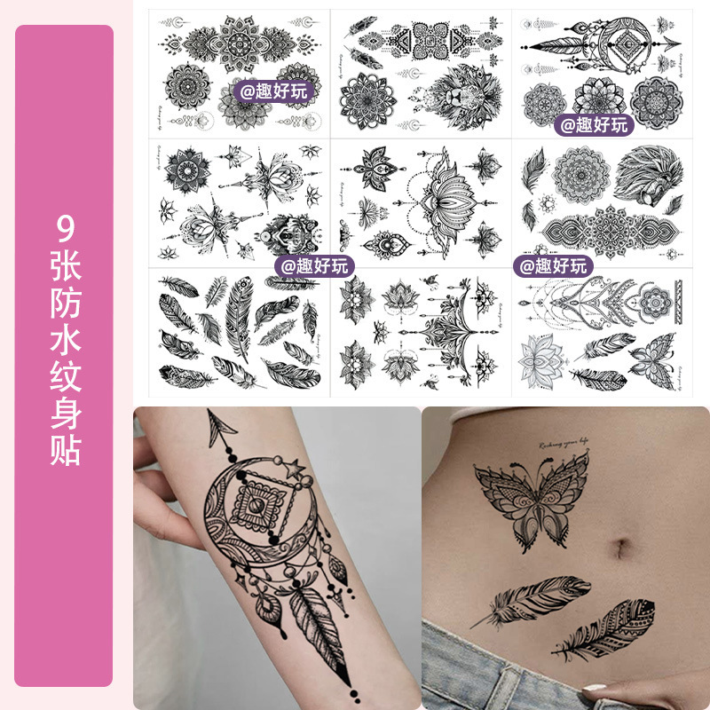 Cross-Border European and American Retro Black Tattoo Stickers for Women Henna Mandala Flower Feather Arm Hand Back Temporary Waterproof Stickers