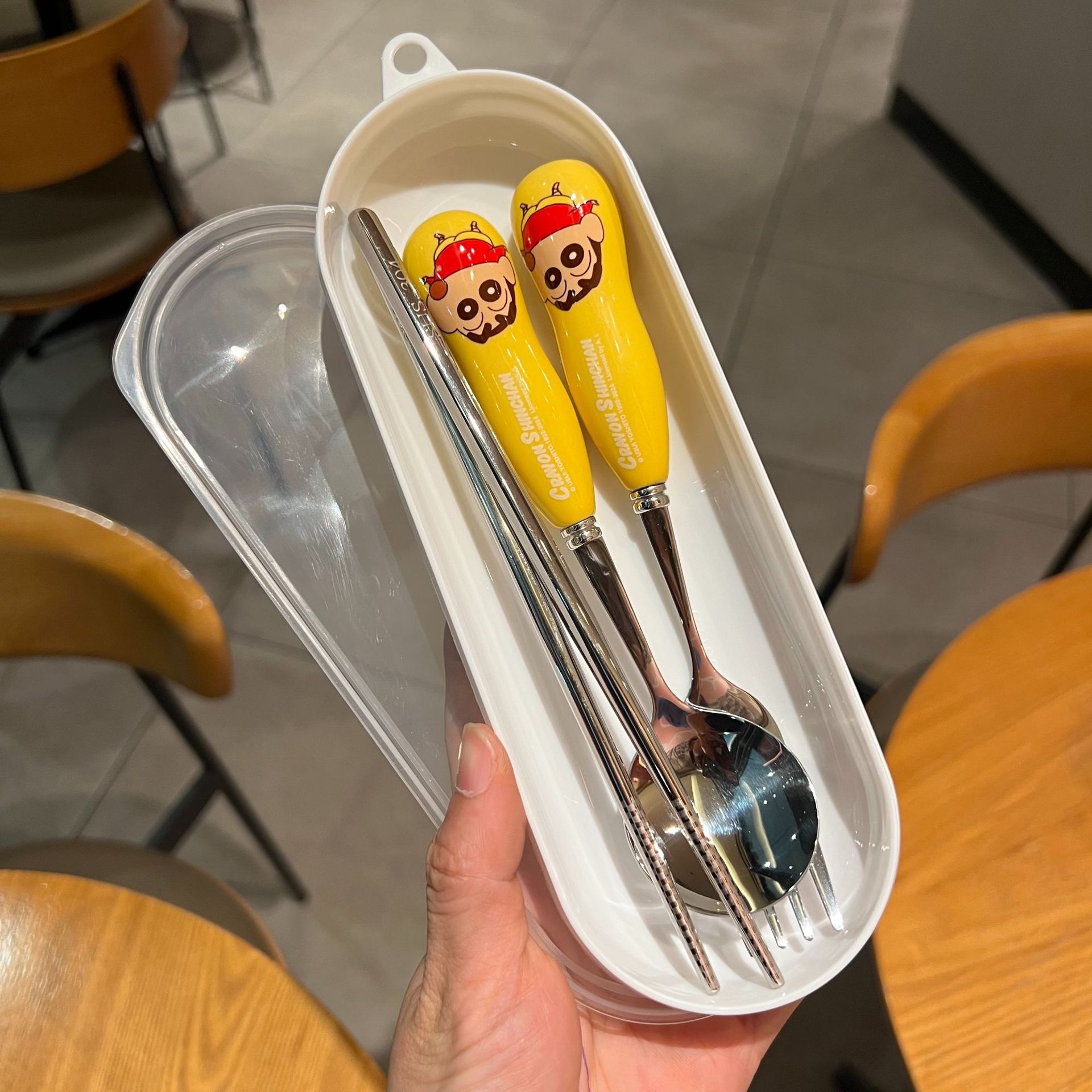 노란색 짱구 수저 세트 (수저 + 포크 + 304 스테인리스 젓가락)