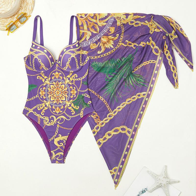Traje de Baño de una Pieza Estilo 2025 con Aro y Estampado Posicionado, Traje de Baño de Cintura Alta, Conjunto de Bikini de Dos Piezas