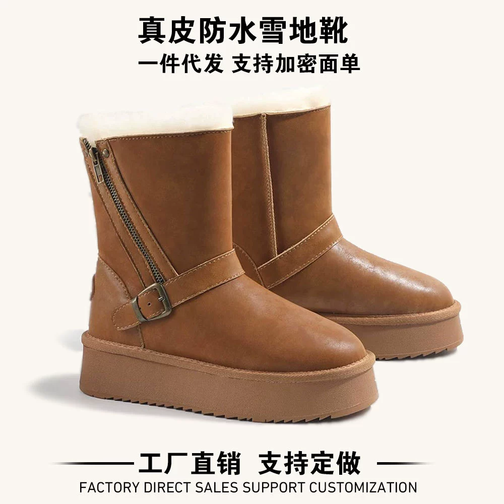 Женские зимние сапоги из натуральной кожи, новая модель высокого кроя, на флисовой подкладке, утолщенные, теплые, до середины икры, нескользящие, морозостойкие, на молнии, хлопковые, модель 5967