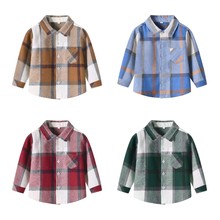 外贸童装新品春秋薄款男童棉质衬衣学院风长袖儿童格子衬衫