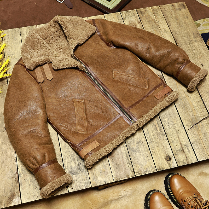 B3 Original Ecological Fur One-Piece Flight Suit Men's Lamb Hair Genuine Leather Motorcycle Short Jacket Fur Outwear Thick