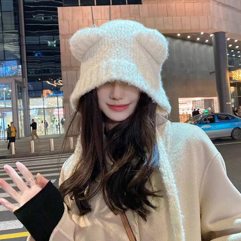 小熊毛帽子女冬季可系带毛线帽女生显脸小护耳灰色保暖针织帽清新