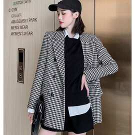 千鸟格中长款小西装外套女秋冬季2025新款休闲气质格子大衣潮