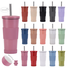 2024 New 710ml Stainless Steel Straw Cup Women's Ceramic Liner Milk Tea Cup Anti-Slip Portable Straw Thermos Cup