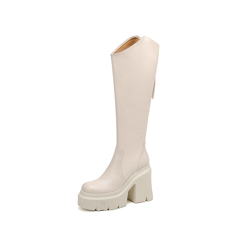 Boot nữ cổ cao da thật đế dày 12 cm gót vuông phong cách Anh quốc kéo khóa sau — Lót nhung đen