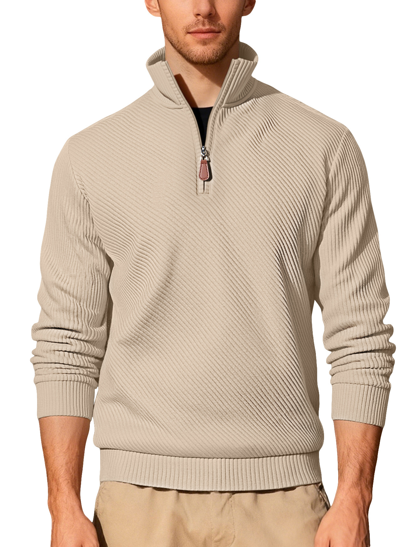 Amazon otoño y invierno nuevo color sólido transfronterizo hombre semi-cremallera velcro cuello casual camisa de manga larga en stock para hombres