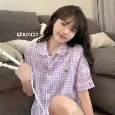 夏季学生短袖短裤ins日系网红甜美紫色格子睡衣女家居服两件套装|ru