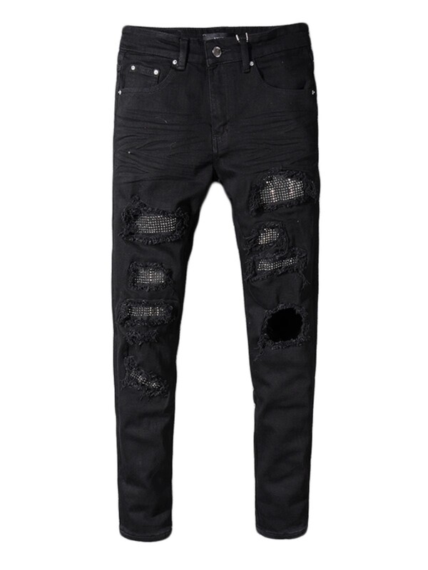Match Men's High Street Trendy Black Rhinestone Jeans Ripped Ins Couple Pants Stretch Slim Fit Skinny Pants for Men