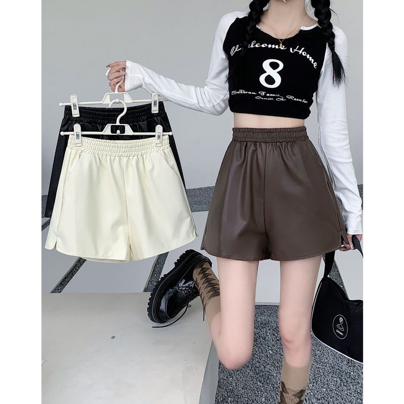 Leather Shorts Women's 2022 Fall/Winter New plus size chubby girl Wide Pants High Waist Outer Wear PU Leather Pants A- Word Casual Boots Pants