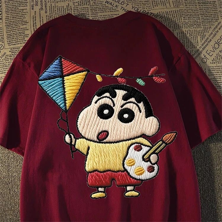Crayon Shin-Chan Cartoon Imitation Embroidery Loose Short-Sleeve T-Shirt for Women, Summer Korean Style Cute Versatile Couple's Top Trendy