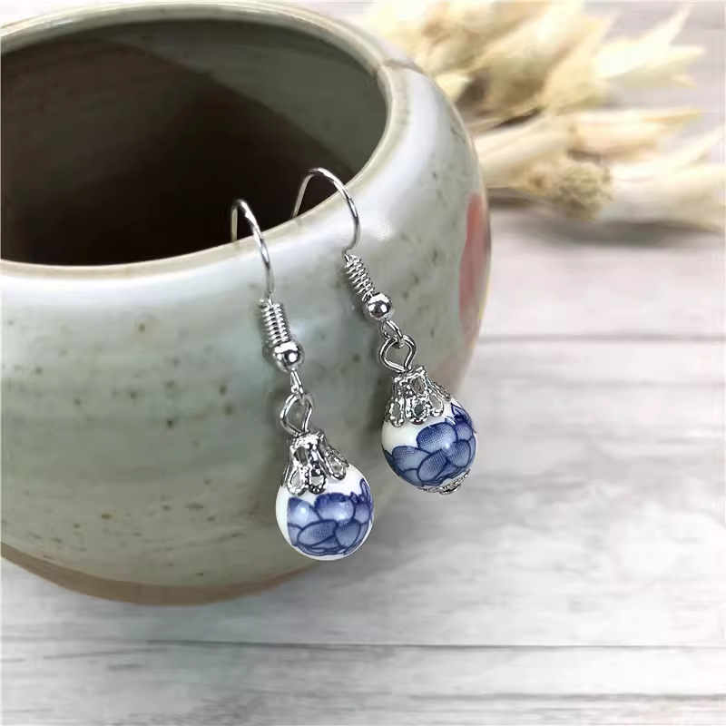 chinese style simple ceramic beads earrings ethnic style retro blue and white porcelain flower earrings for women temperament wild ear rings