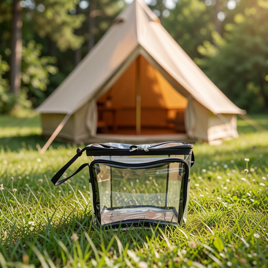 PVC Transparent Adjustable Strap Front Storage Compartment Mesh Pocket Outdoor Lunch Bag_voghion.com