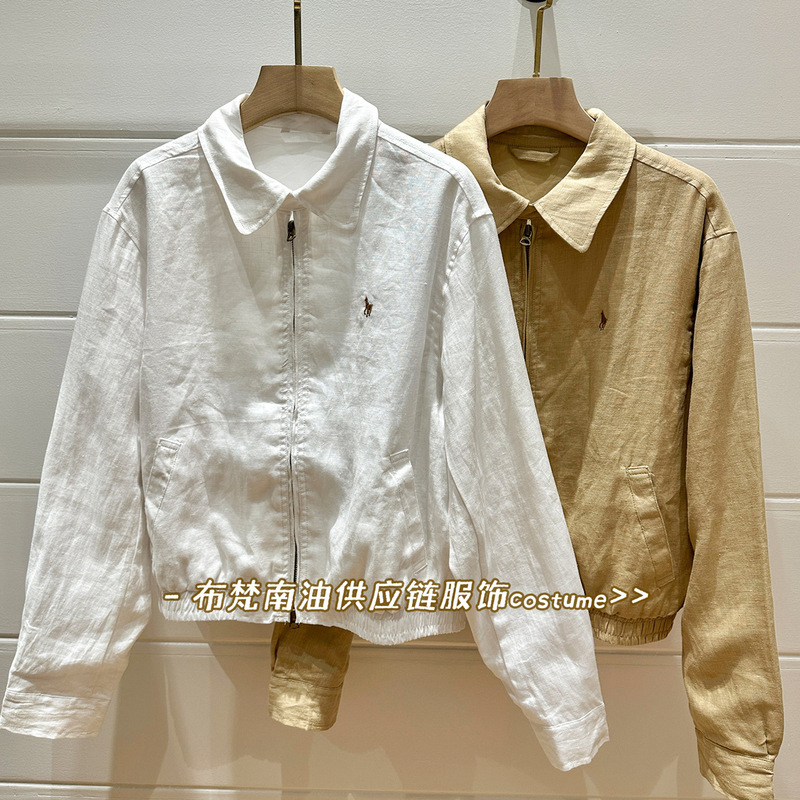 Rl Laff Pony Logo Embroidered Old Cadre Linen Lapel Jacket Women's Autumn New Loose Casual Easiest for Match Jacket