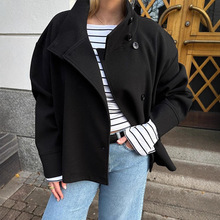 欧美跨境2025秋冬女装女式夹克气质优雅立领排扣短款宽松呢子外套