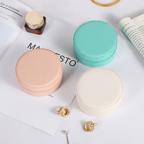 Decorative Storage Box Round Portable Jewelry Box Leather Sweet New Zipper Jewelry Ring Storage Box