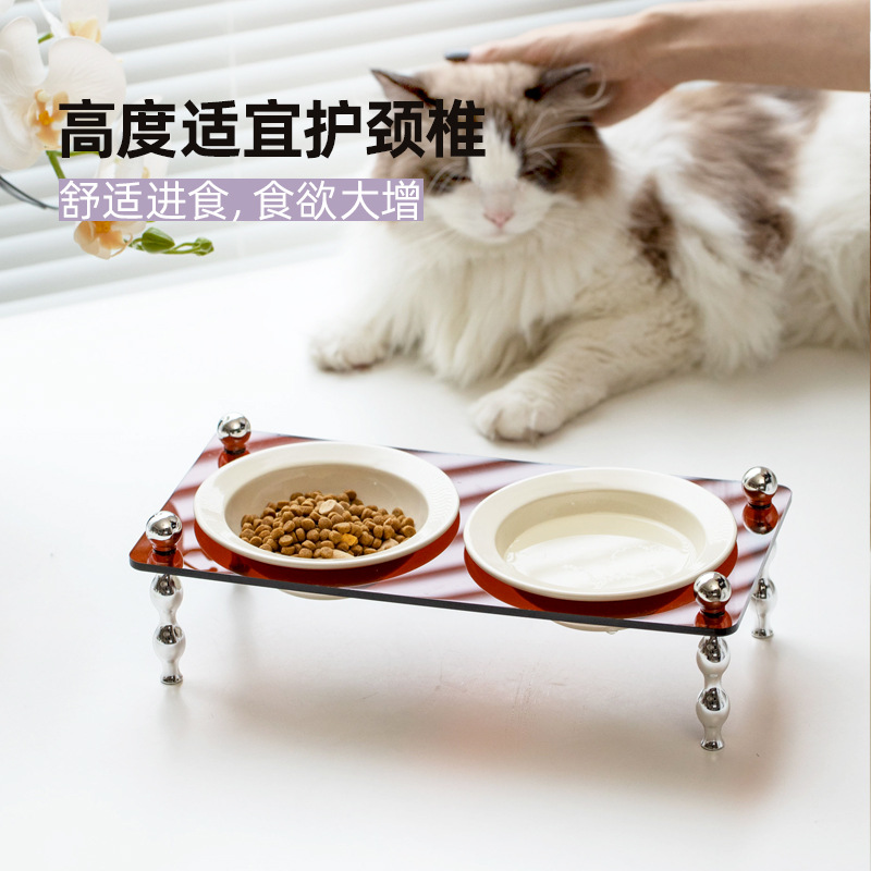 Cerámica francesa tazón para gatos tazón para mascotas pie alto gran capacidad anti derrumbar tazón de alimentos para gatos protector de columna cervical tazón de agua doble tazón para perros