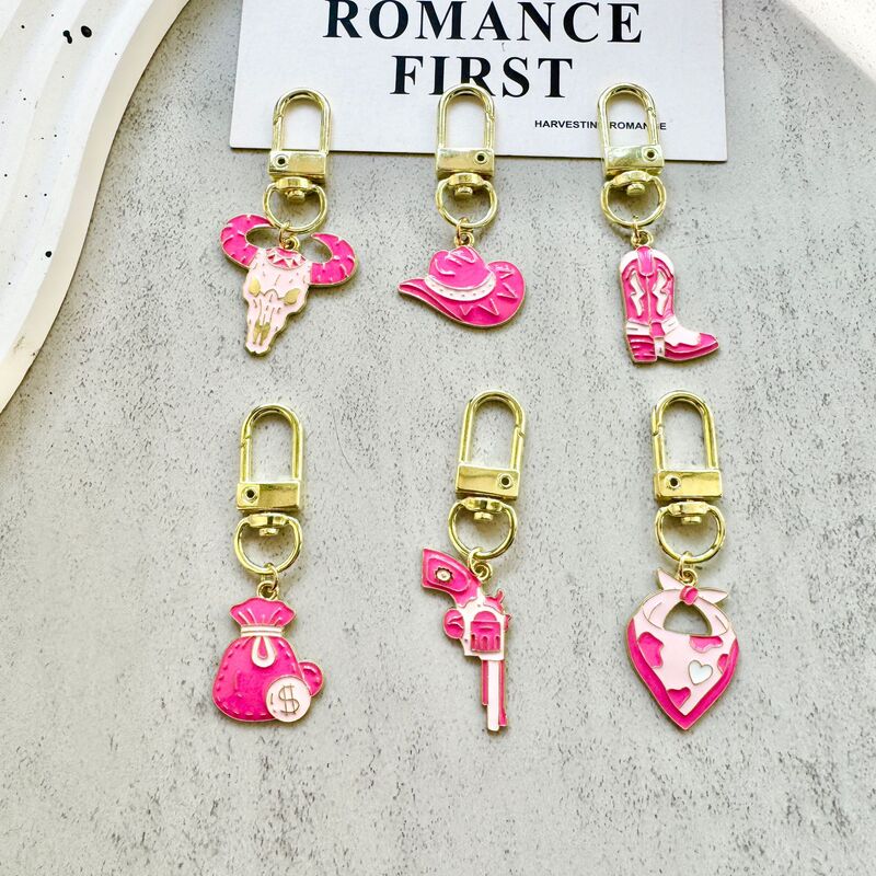 Sweet and Cool Pink Western-Style Keychain with Cowboy Elements, Cow Head, Boots, Money Bag Pendant, Girly Heart Bag Charm