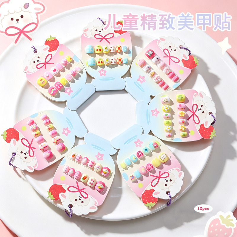Cartoon children's wearable 3D short handmade rhinestone fake nails, removable nail art patches for ages 3-6 Cartoon children's wearable 3D short handmade rhinestone fake nails, removable nail art patches for ages 3-6