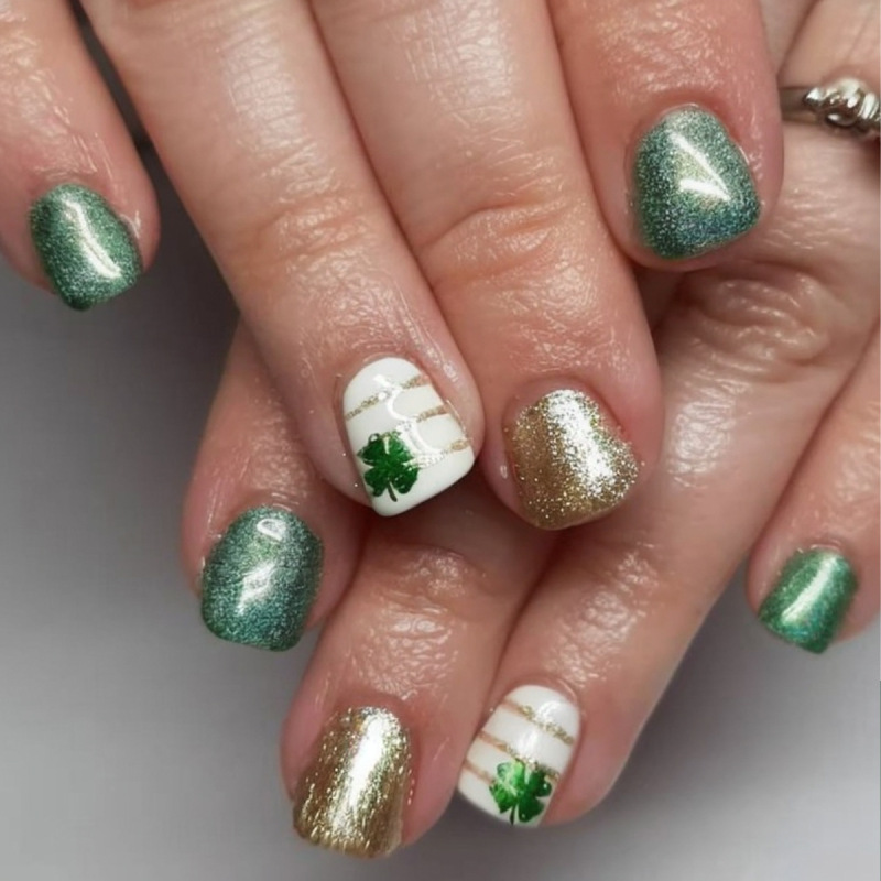 Green Gold Pearlescent Short Square Press-On Nails with Four-Leaf Clover Stripe Design for St. Patrick's Day Green Gold Pearlescent Short Square Press-On Nails with Four-Leaf Clover Stripe Design for St. Patrick's Day