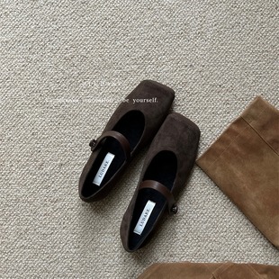 Square toe Mary Jane shoes women's shoes 2023autumn and winter New suede one-strap retro dress fleece-lined single-layer shoes