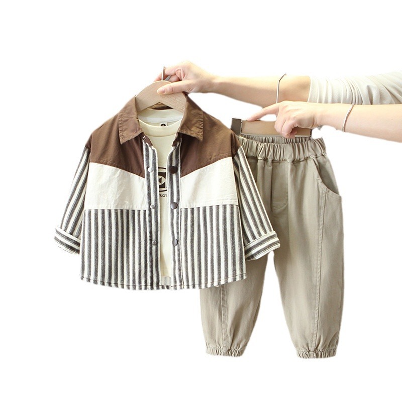 6145 Traje de primavera para niños 2025 nuevo estilo fresco y guapo chaqueta de camisa coreana para niños traje de primavera y otoño para bebés de tres piezas