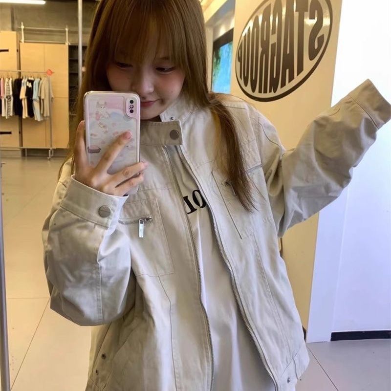 American retro-style youth jacket, Harrington streetwear, loose fit, plus size, for women, stand-up collar, unisex workwear top