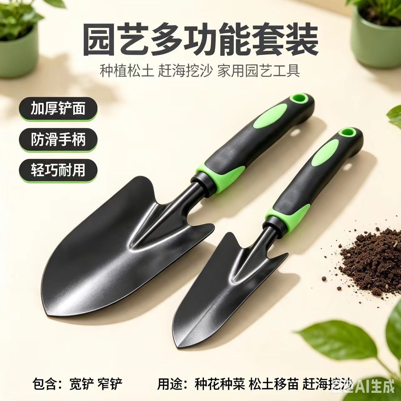 Juego de Pala y Rastrillo de Jardinería de Metal con Mango de Goma para Plantación