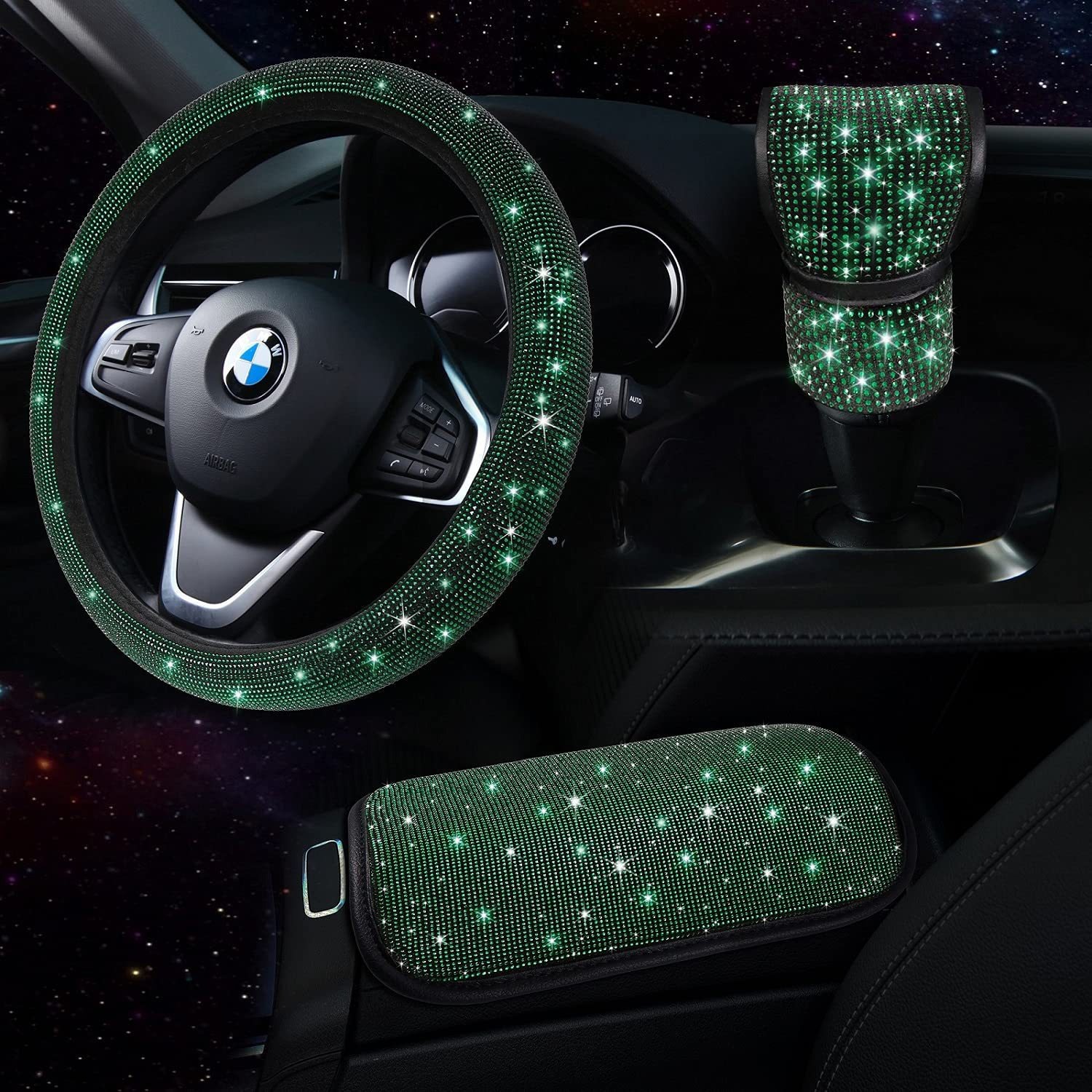 Car Steering Wheel Cover with Hot Diamonds, Full Diamonds, Rhinestone Armrest Box Pad, Gear Handle Cover, Cross-Border Popular Three-Piece Set Wholesale