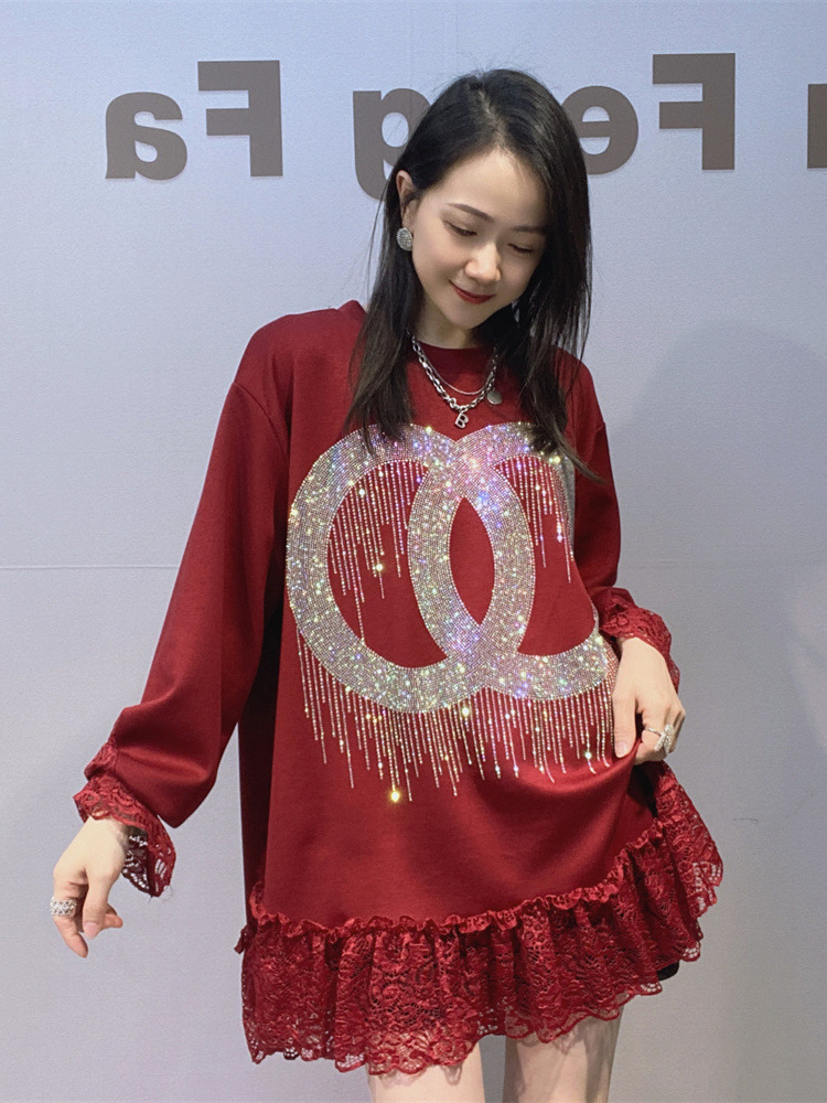 Ropa de Mujer Europea y estadounidense transfronteriza suelta y de alta gama blusa de manga larga de encaje de otoño femenino empalmada camisa de manga larga de cuello redondo de diamante de agua image 5