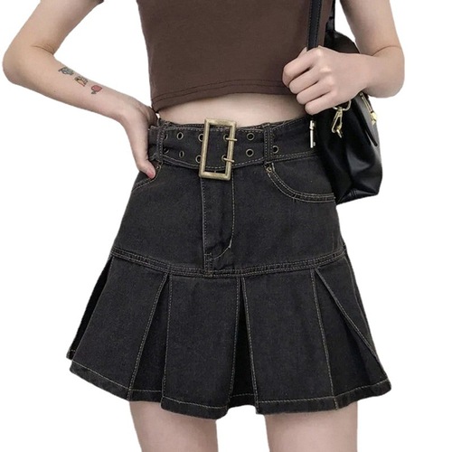 Jeans mini skirts for women girls High Waist short Pleated Skirts belt pleated A-line above knee length skirt
