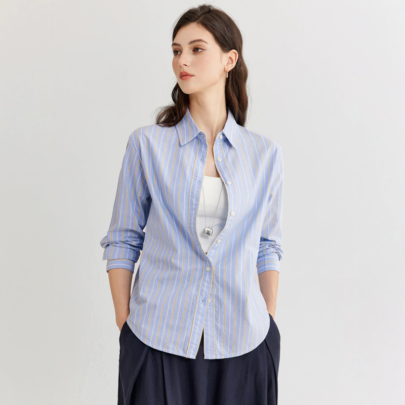 Commuter-style color-block striped long-sleeve shirt for women, 2026 autumn new style, loose fit with a stylish collar design Commuter-style color-block striped long-sleeve shirt for women, 2026 autumn new style, loose fit with a stylish collar design