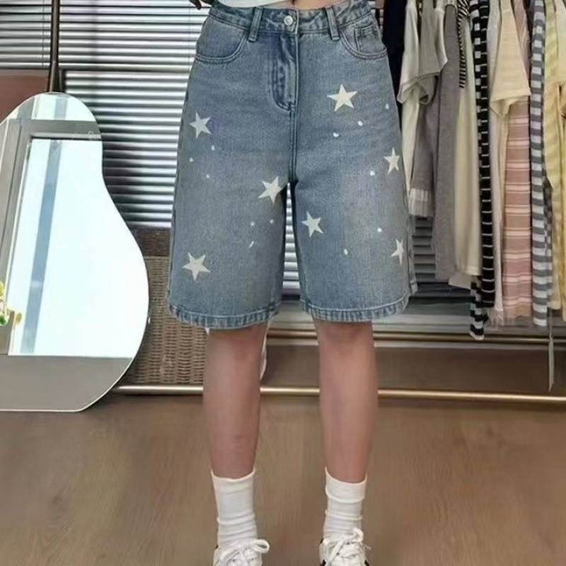 夏用ハイウエストレトロプリントスターワイドレッグ5点パンツ、ゆったり、カジュアル、多用途、スリム、通勤デニムショートパンツ|undefined