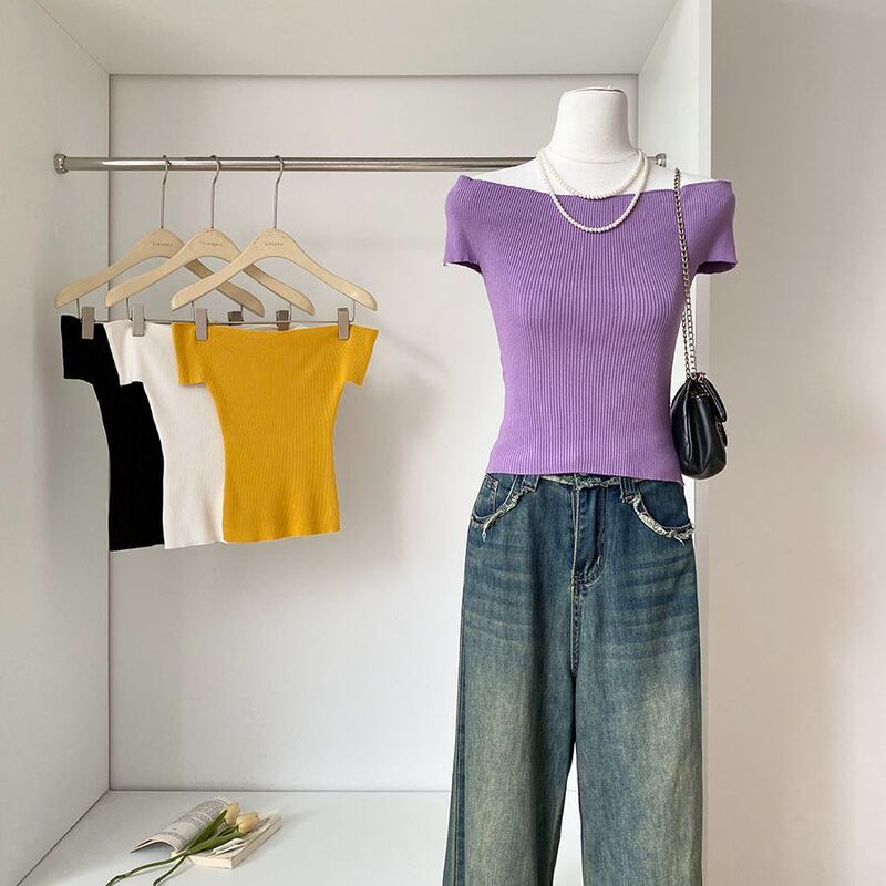 2026 Summer New Style Pure Desire Hot Girl One-Shoulder Slim Fit Dopamine Knitted Short-Sleeve Top