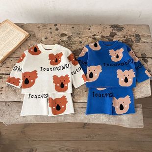 Ins Korean Style Boy and Girl Baby Cotton Cartoon Printed Sweater suit Long Sleeve Top Half Pants Two-Piece suit