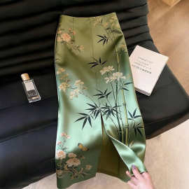 新中式国风竹叶印花高腰半身裙女夏款侧开叉a字包臀裙薄荷曼波风