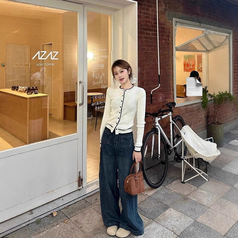 【Core-Spun Yarn Washed】Relaxed Old Money Style White Knitted Cardigan Sweater for Autumn and Winter Gentle Base Layer Top