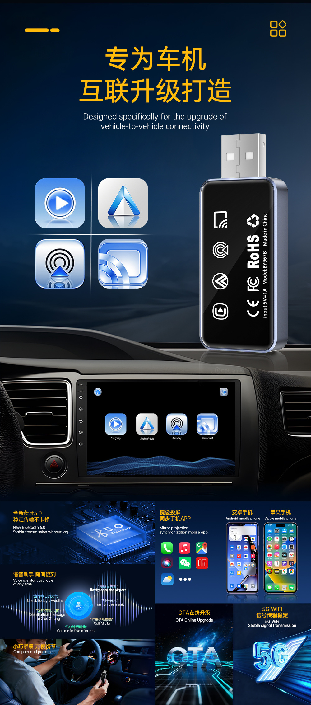 Cross-Border Car-Machine Connectivity Box Four-In-One Apple Android Screen Mirroring Reverse Control Smart Wireless Carplay Box