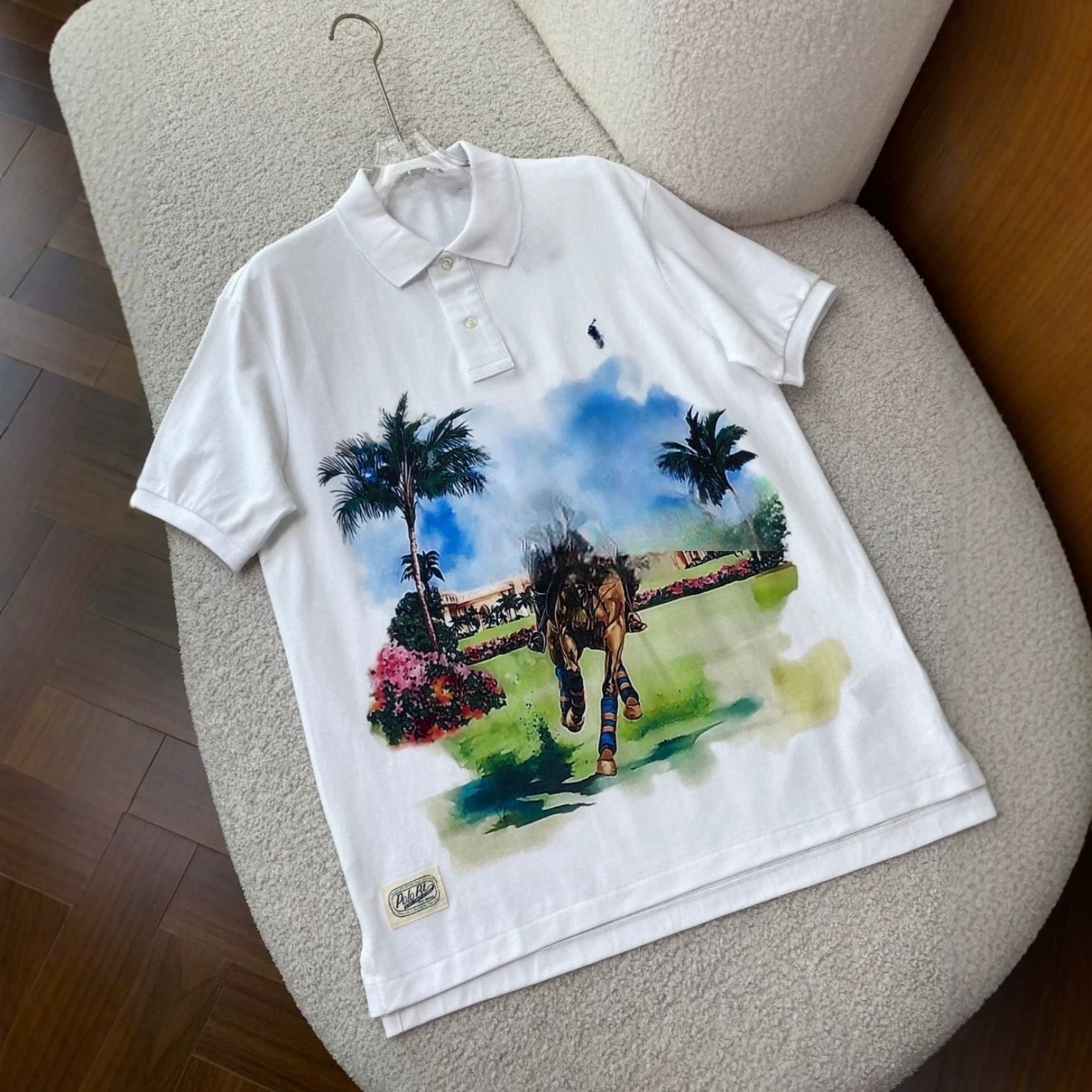 American retro watercolor polo print polo shirt, casual loose short-sleeved T-shirt for summer.