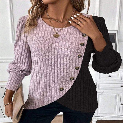 2024 new cross-border foreign trade European and American women Z round neck color-blocking pit strip cross hem long sleeve spring and autumn knitted T-shirt