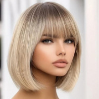 Peluca, cubierta de cabeza completa, simulación femenina, cabello humano, esponjoso natural, reducción de edad, corte de talla única, cabeza de onda, cabello de clavícula, cubierta de peluca de pelo corto